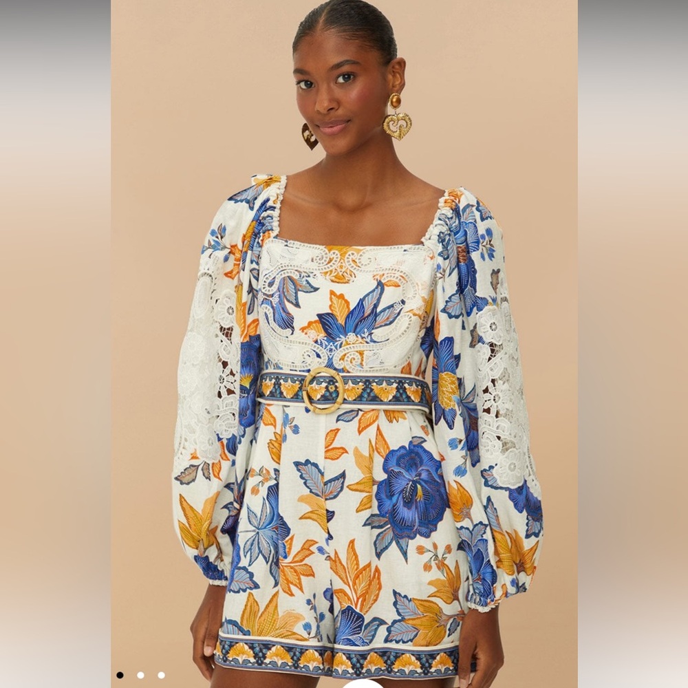 FARM Rio NWT Linen Blue & Orange Floral Long Sleeve Lace Embroidered Romper - XL